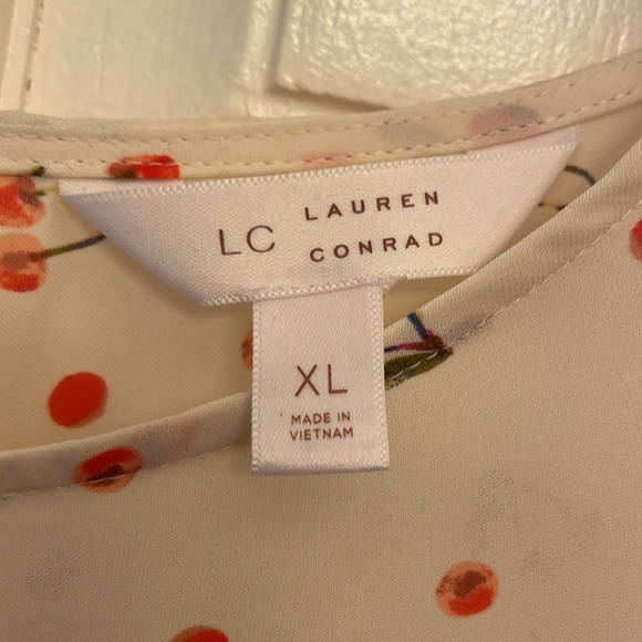 LC Lauren Conrad Top. Cherry print, with burgundy and red dots on cream. XL. - Picture 3 of 5
